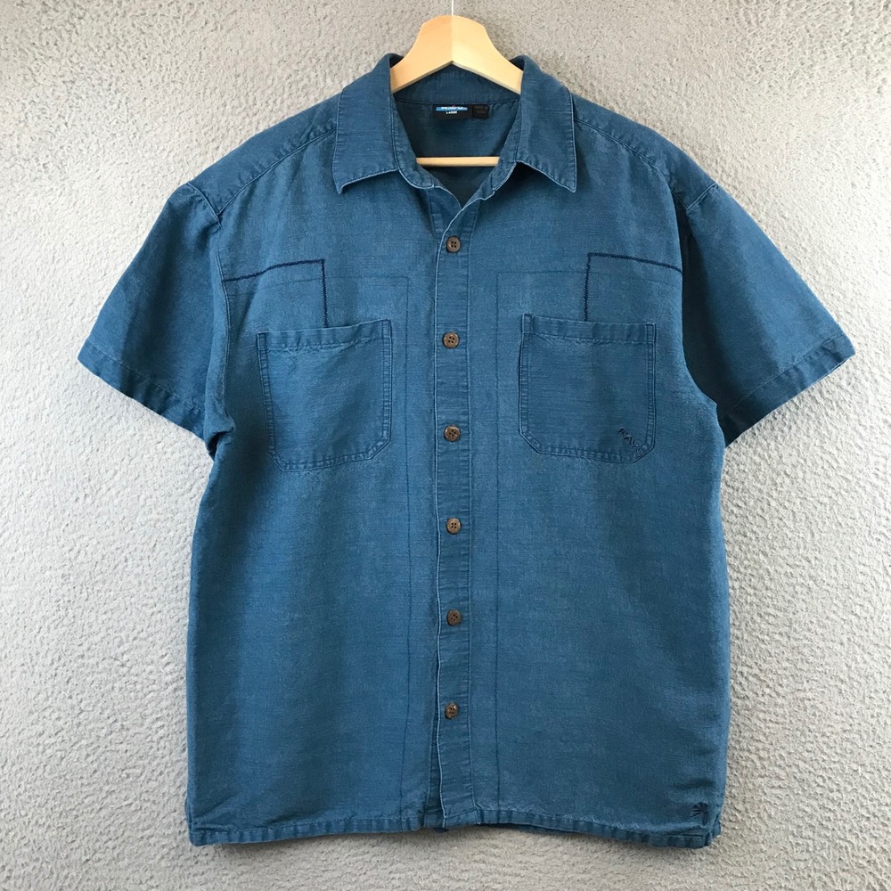 Kavu Mens Short Sleeve Button Up‎ Shirt Teal Blue Size Large Bamboo Blend Casual